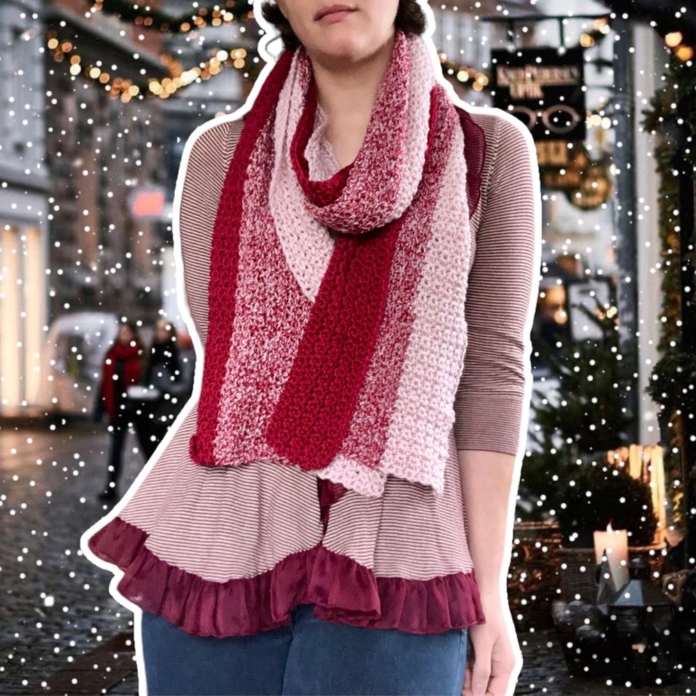 Hand Crocheted Cranberry Ombre Stripe Scarf